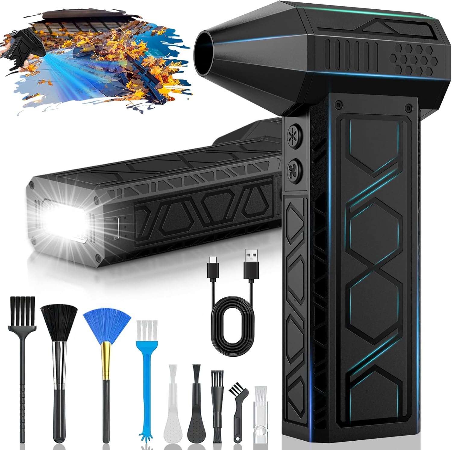 Souffleur Air Comprimé,2025 Nouveau Modèle Mini Souffleur Dépoussiéreur Électrique avec Lampe de Poche pour Camping Éxtérieur, 180000 TR/Min avec Vitesse du Vent de Niveau 4 pour Voiture BL01