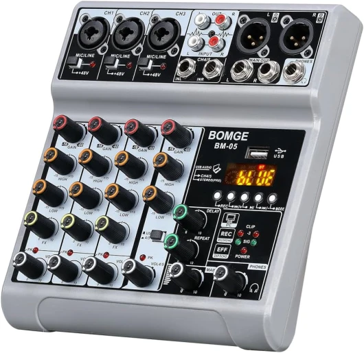 BOMGE Table de mixage audio, console de mixage avec 5 canaux numériques USB Bluetooth, effet retard d'écho, alimentation fantôme 48 V, mixeurs DJ stéréo pour enregistrement, diffusion en direct,
