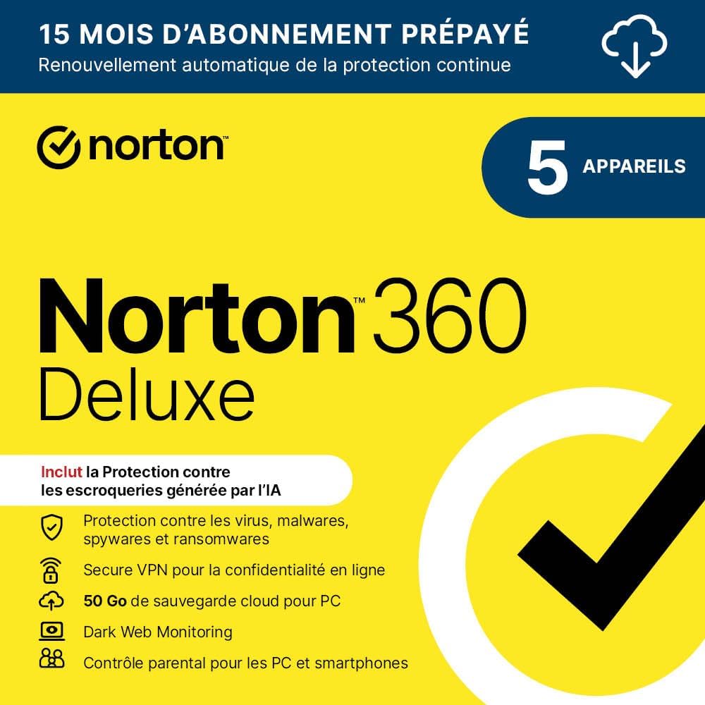 360 Deluxe 2025 - 5 appareils - 15 Mois - Téléchargement Code d'activation - envoi par email Deluxe 5 Appareil (1 An + 3 Mois Extra)
