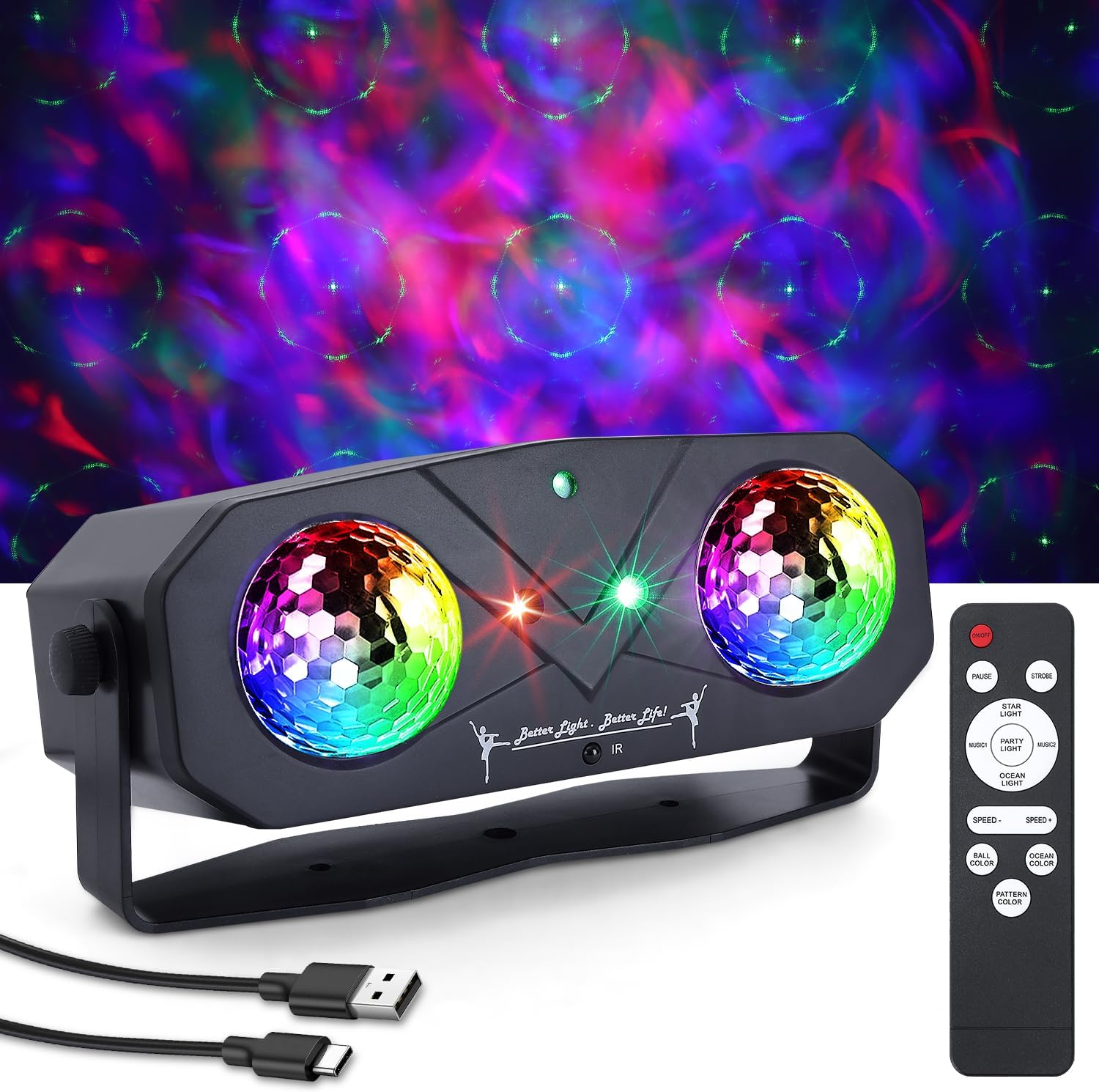 Lampe de Scène 5 en 1, Gomifie Lumière Disco avec 4 Modes pour Différents Scènes, Boule Disco Contrôlée par Musique avec Télécommande et Stroboscope, Lumière Soirée 2M USB pour Halloween, Noël, Fête 5 en 1 Noir
