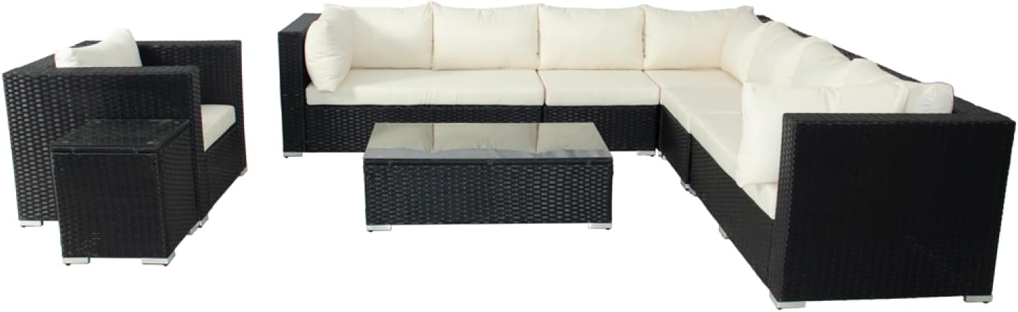 CONCEPT USINE - Salon de Jardin Panoramique 8 Places SALENTO 2 en Résine Tressée Noire - 2 Tables + Fauteuil - Coussins Blancs Déperlants Ultra Confort - Structure Aluminium - Modulable & Élégant Noir/Blanc