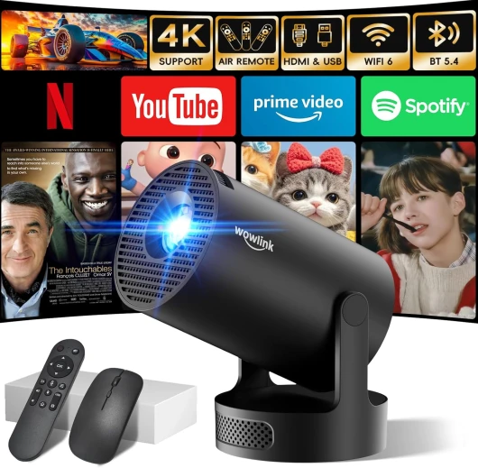 [Apps intégrées & 2025 Upgraded] Vidéoprojecteur avec WiFi 6 et Bluetooth 5.4 Mini Projecteur Supporte 4K 1080P Auto Keystone Rotation 180° Compatibile avec HDMI/TV Stick/Memory Stick/Laptop, Noir