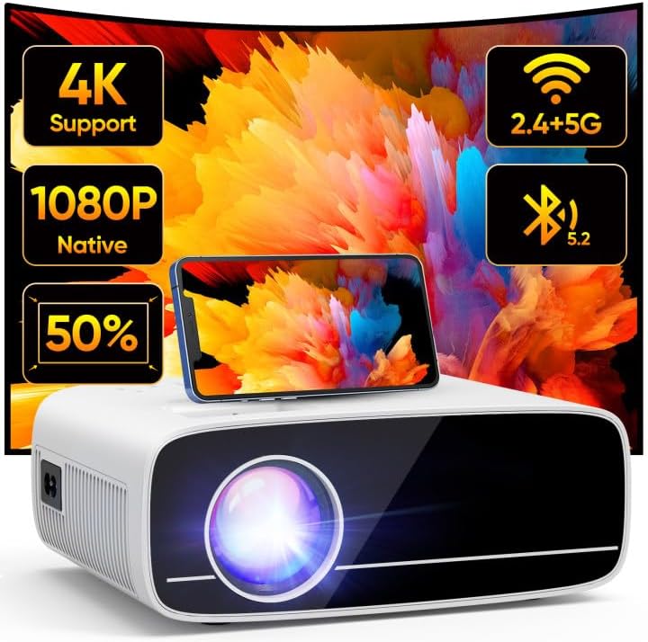 Vidéoprojecteur 4K Supporté, Natif 1080P 5G WiFi Bluetooth Projecteur avec 50% Zoom, AKATUO Mini Projecteur Portable LED Rétroprojecteur Home Cinéma 200'' pour Smartphone/TV Stick/HDMI/USB 5G WiFi Bluetooth 4K Supporté