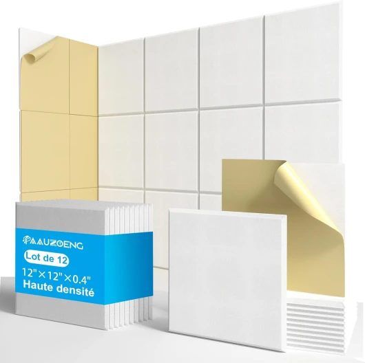 Panneaux Acoustiques Autoadhésifs 30x30cm • 12 Premium Panneaux Anti-Bruit 9mm • Kit Complet pour Studio Podcast/Home Cinéma/Salle de Streaming • Absorption Acoustique Immédiate (1,08m²) 12pièce Blanc