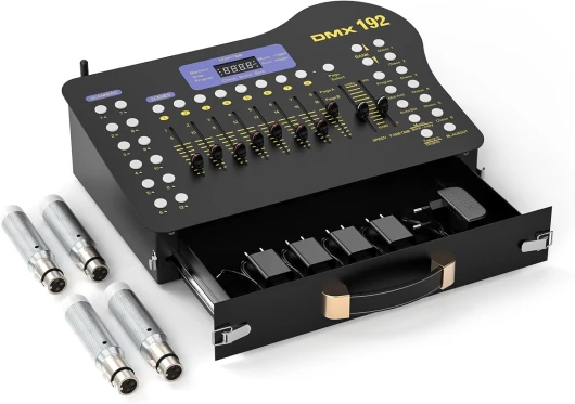 U`King Contrôleur DMX 192 canaux DJ Contrôleur avec tiroir avec émetteur DMX sans fil / 4 récepteurs pour DMX Controller 512, fête, tête mobile, lumière disco lumière de fête Halloween Contrôleur DMX avec émetteur/4 récepteurs