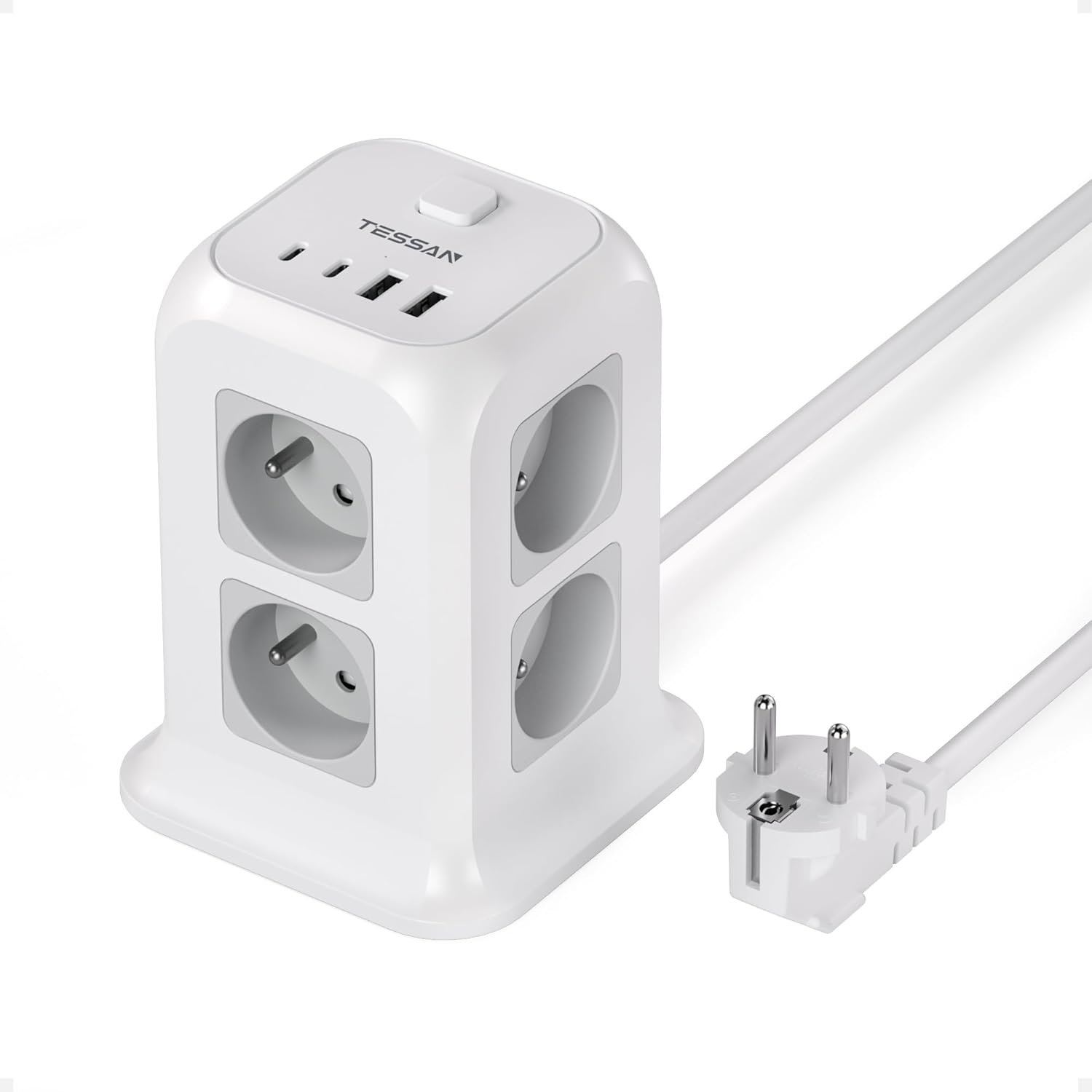 Tour Multiprise avec Interrupteur, 12 en 1 Prise Multiple avec 8 AC et 4 USB, Multiprise USB C et Rallonge Electrique 2M, Multi Prise Electrique Convients pour Bureau, Maison, 4000W, Gris