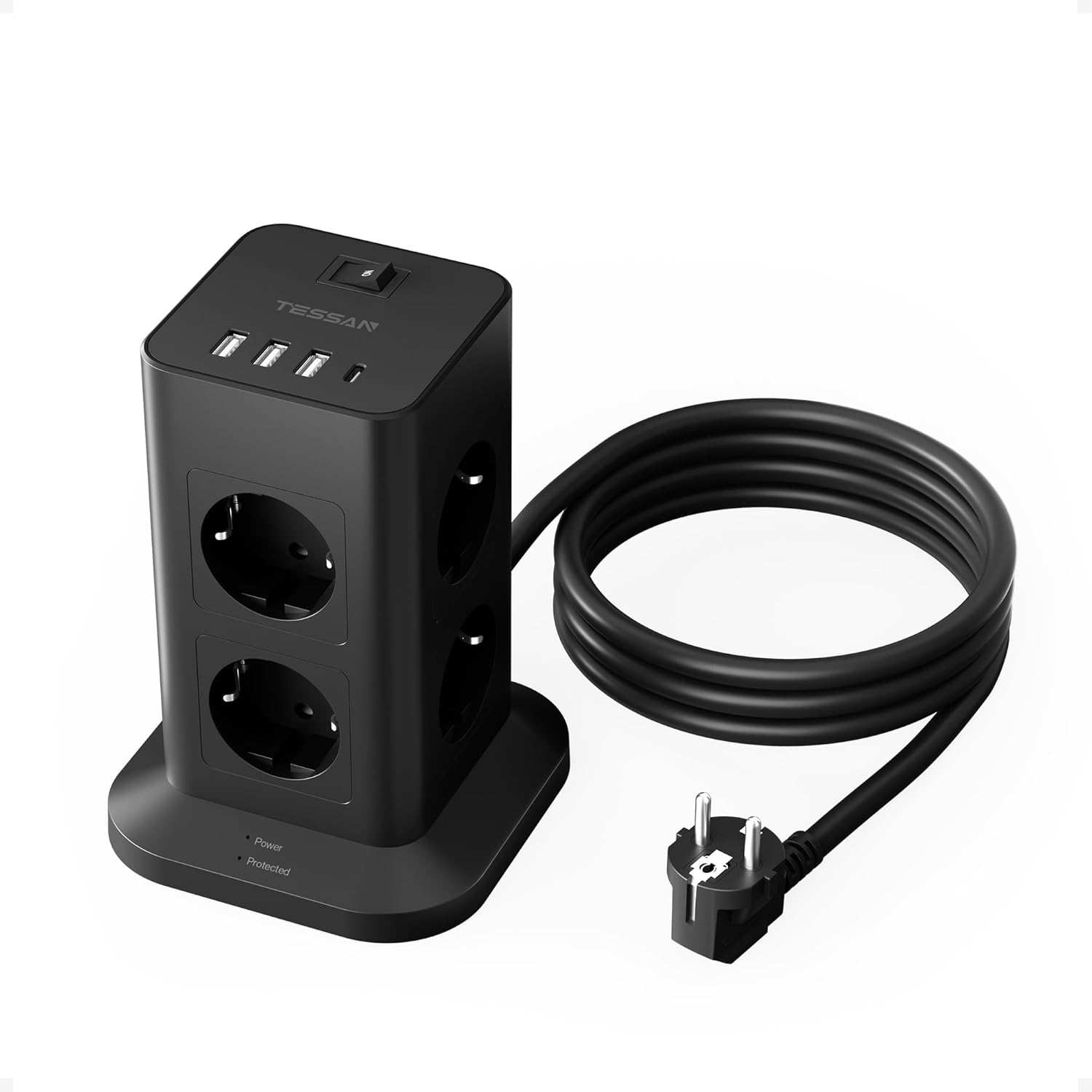 Tour Multiprise Parafoudre et Surtension 8 Sortie AC avec 4 USB, Prise Multiple 3600W avec Interrupteur et Rallonge Electrique 2 Mètres, Convient pour Maison, Bureau, Noir