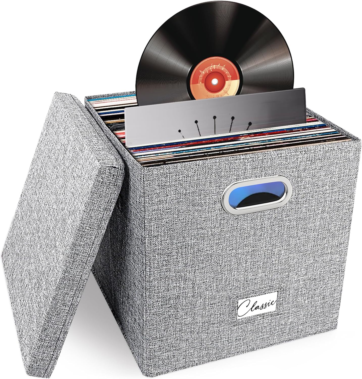 Woodoulogy Boîte de rangement pour disques vinyles pour plus de 50 disques vinyles simples, caisse empilable en lin avec couvercle, support pliable pour collection de musique, classeur de documents Gris-1 vendu à l'unité