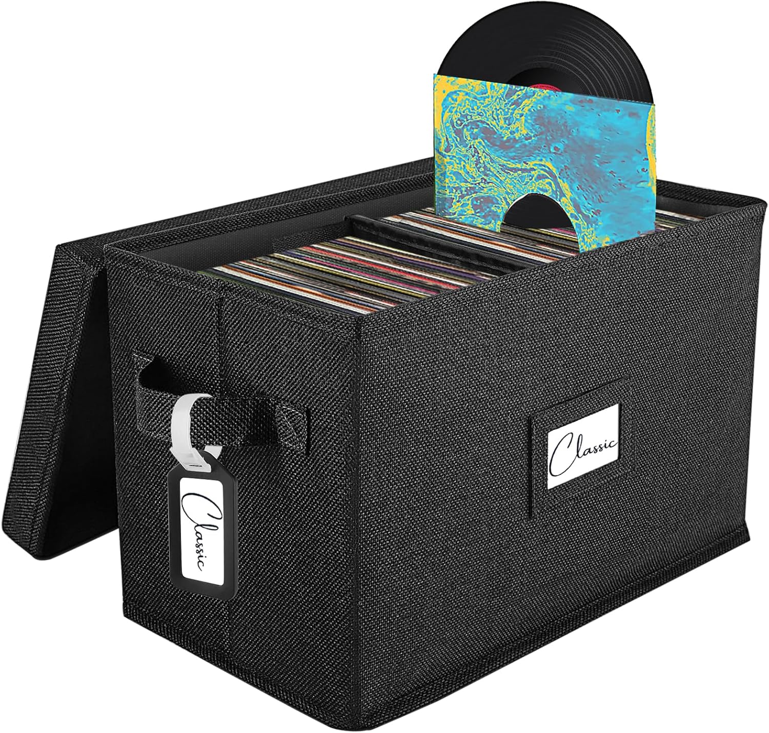 Boîte de Rangement pour Vinyles 7"/45 RPM, Étui avec Couvercle pour Jusqu'à 80 Albums, Caisse pour CD et Collection Musicale, Organisateur Pliable de Type Dossier avec Poignée (noir, 1 pièce) Noir-1 vendu à l'unité
