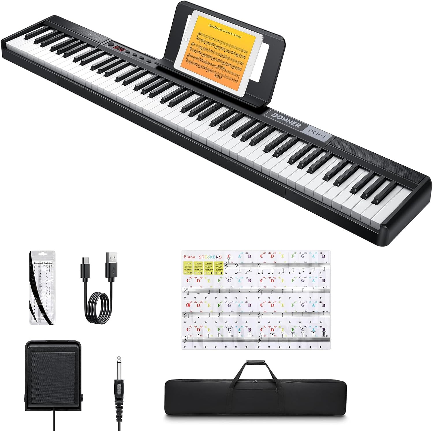 DEP-1 Piano numérique 88 touches pour débutant, touches dynamiques, portable, avec pédale de sustain, sac de transport et autocollant pour clavier Piano noir