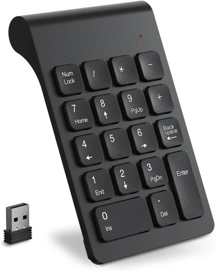 Pavé Numérique sans Fil, Clavier Numérique Ergonomique Portatif Mini avec Récepteur USB 2.4G, Pavé de Calcul de Bureau 18 Touches pour Ordinateur Portable, Surface Pro, PC (Noir) Noir Pur