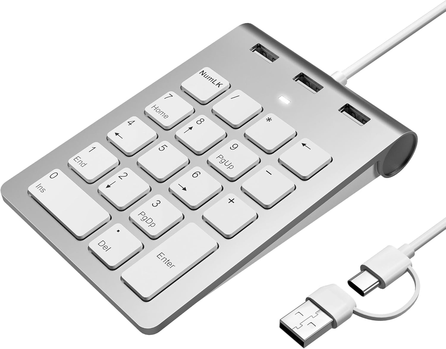 Pavé Numérique avec câble USB, USB A/USB C Clavier Numérique Ergonomique Portatif Mini avec 3 USB 2.0 Ports, Pavé de Calcul de Bureau 18 Touches pour Ordinateur Portable, Surface Pro, PC, iMac, iPad