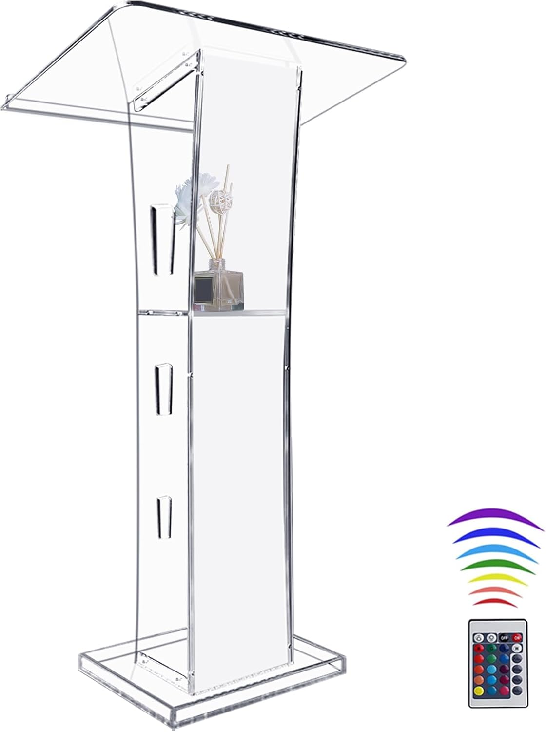 Afitdon Podium en acrylique transparent avec étagère de rangement, chaire d'église avec 15 couleurs de lumière LED de couleur, support de podium de stabilité pour église, conférence, mariage, salle de Transparent/Acrylique