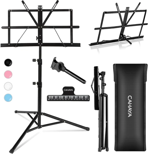 Pupitre de Musique Pliable, Léger, Portable Ajustable [Support pour Partition de Musique & Porte-livre pour Bureau à Double Usage 2 en 1 ] avec Sac de Transport, Support de Partitions en Métal Noir
