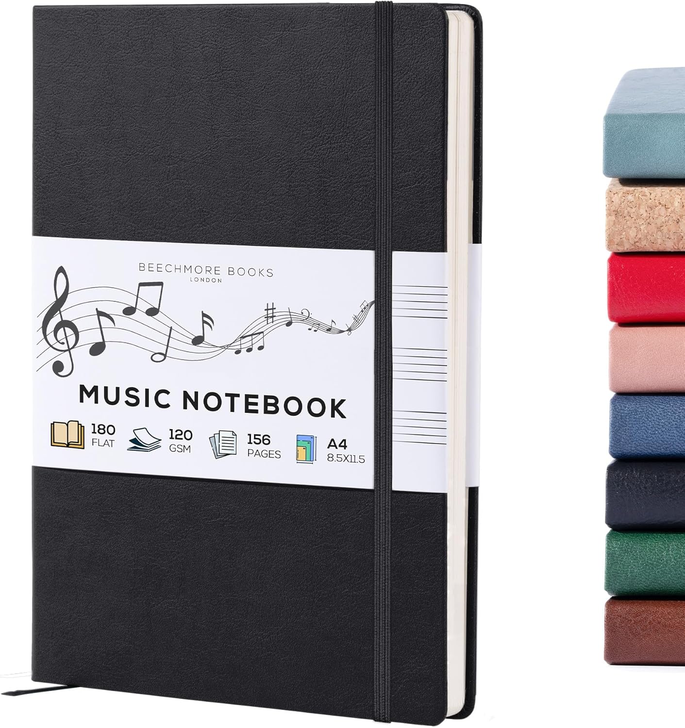 Cahier de musique A4 (21,6 x 29 cm) – 156 pages, 120 g/m² - Couverture rigide simili cuir, portées perforées, ouverture à plat, coffret cadeau pour musiciens & compositeurs Noir A4