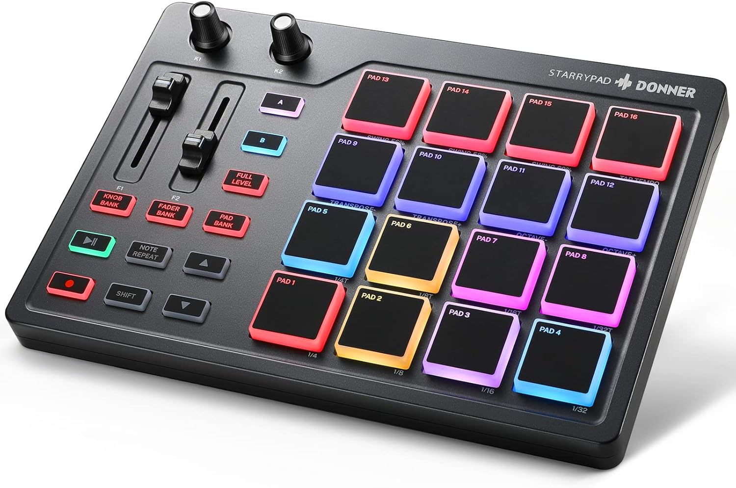 Contrôleur de Pad MIDI USB Type-C, Pad de Batterie Professionnel, Clavier midi Beat Maker avec 16 Pads, Sortie MIDI, 2 Faders et Boutons Assignables (STARRYPAD MINI, Noir)