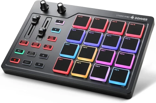 Contrôleur de Pad MIDI USB Type-C, Pad de Batterie Professionnel, Clavier midi Beat Maker avec 16 Pads, Sortie MIDI, 2 Faders et Boutons Assignables (STARRYPAD MINI, Noir)