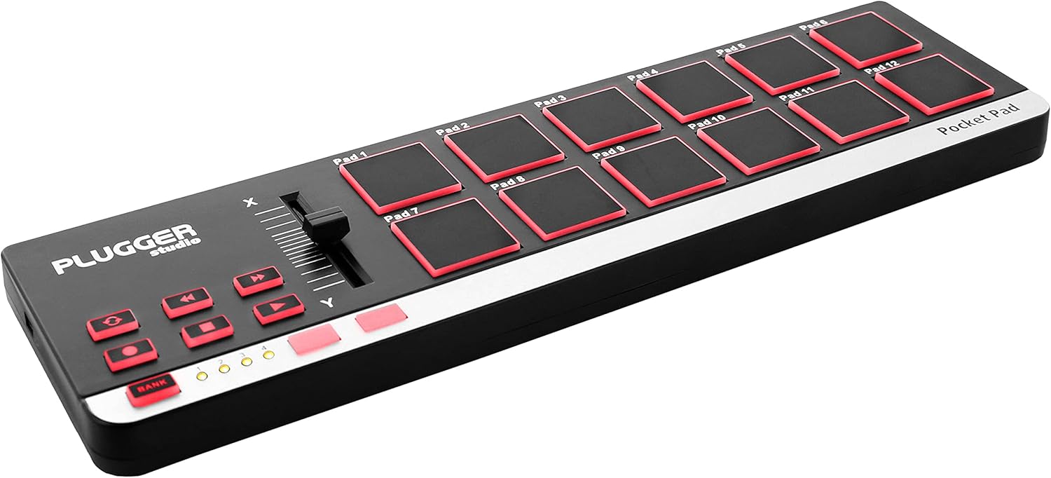 Studio Pocket Pad Contrôleur MIDI USB ultra compact pour ordinateur PC et Mac - 12 pads sensibles à la vélocité - Compatible avec tous les logiciels MAO DAW DJ Plug-ins Instruments virtuels.