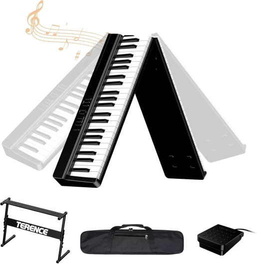 Piano Numérique Portable 88 Touches Pianos avec Z Support TERENCE Clavier de Piano Semi-lesté 88 Touches pour Débutants et Experts, Fonction d'enregistrement audio intégrée Interface Bluetooth MIDI noir