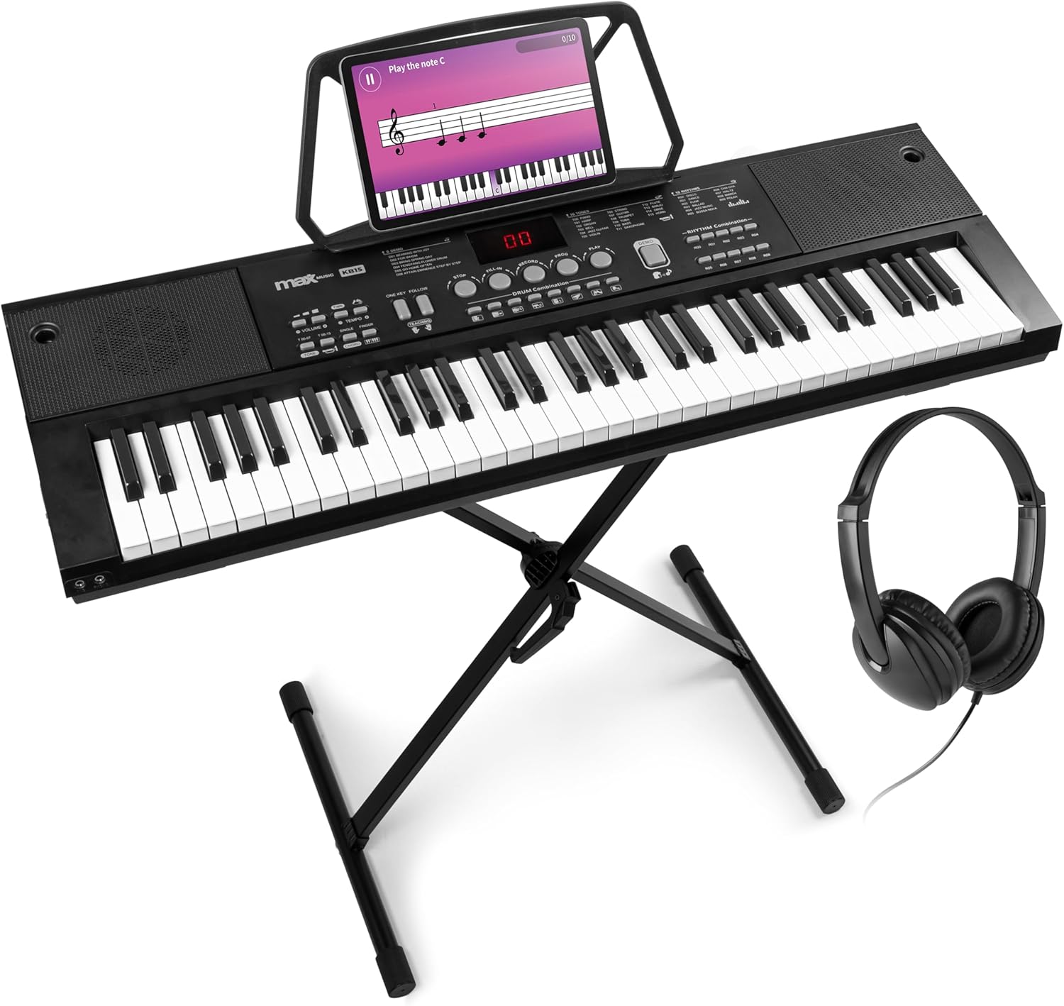KB15 Clavier Électronique 61 Touches, Stand et Casque Audio Inclus, Synthétiseur Débutant, Deux Haut-parleurs Intégrés, Batterie Rechargeable, Microphone, Idéal pour Démarrer votre Apprentissage avec Casque + Stand