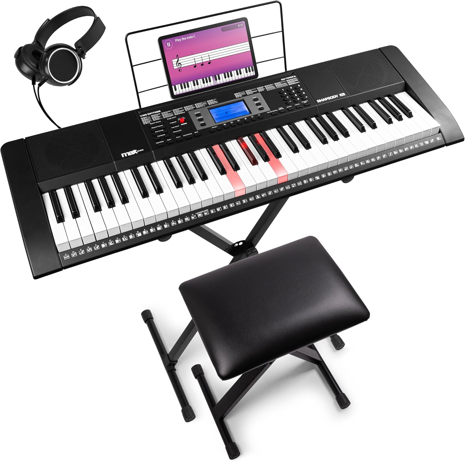 Rhapsody61L Clavier Électronique, 61 Touches Lumineuses, Pack complet, Synthétiseur Débutant, Deux Modes d'Apprentissage, Deux Haut-parleurs Intégrés, Idéal pour Démarrer votre Apprentissage avec Casque + Stand + Banc 61 touches lumineuses