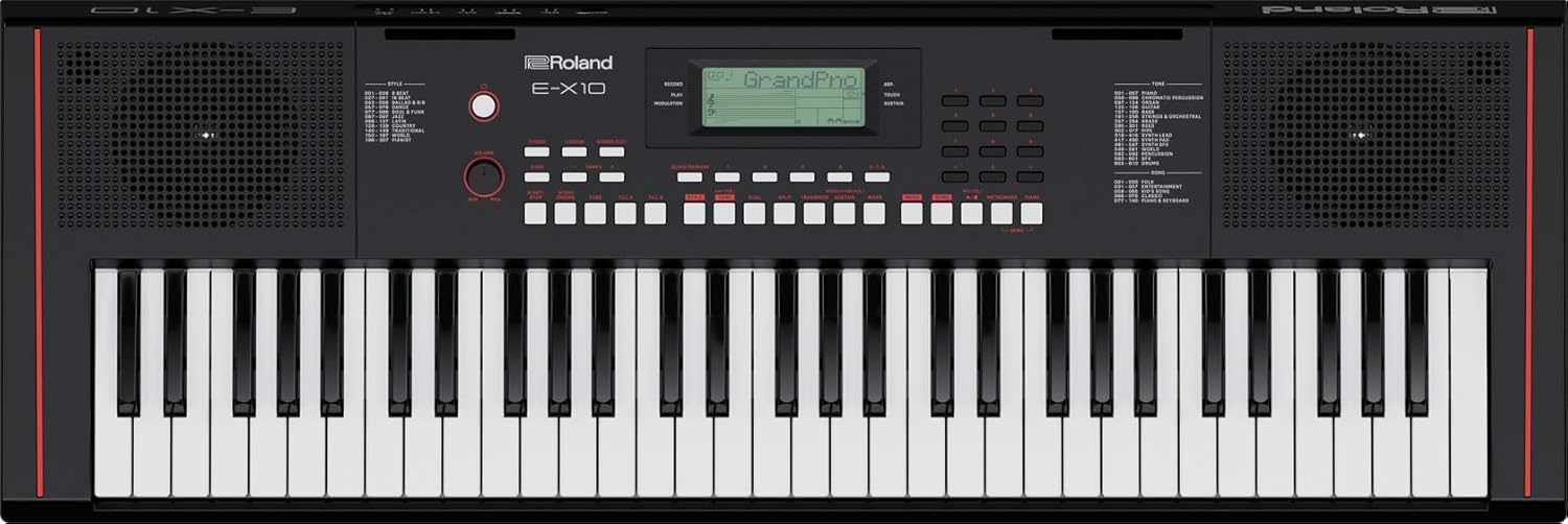 Clavier E-X10 Roland - Un piano à 61 touches idéal pour les débutants et les cours - Plus de 600 sons - Système de haut-parleurs stéréo - 140 morceaux intégrés - Contrôle MIDI par port USB