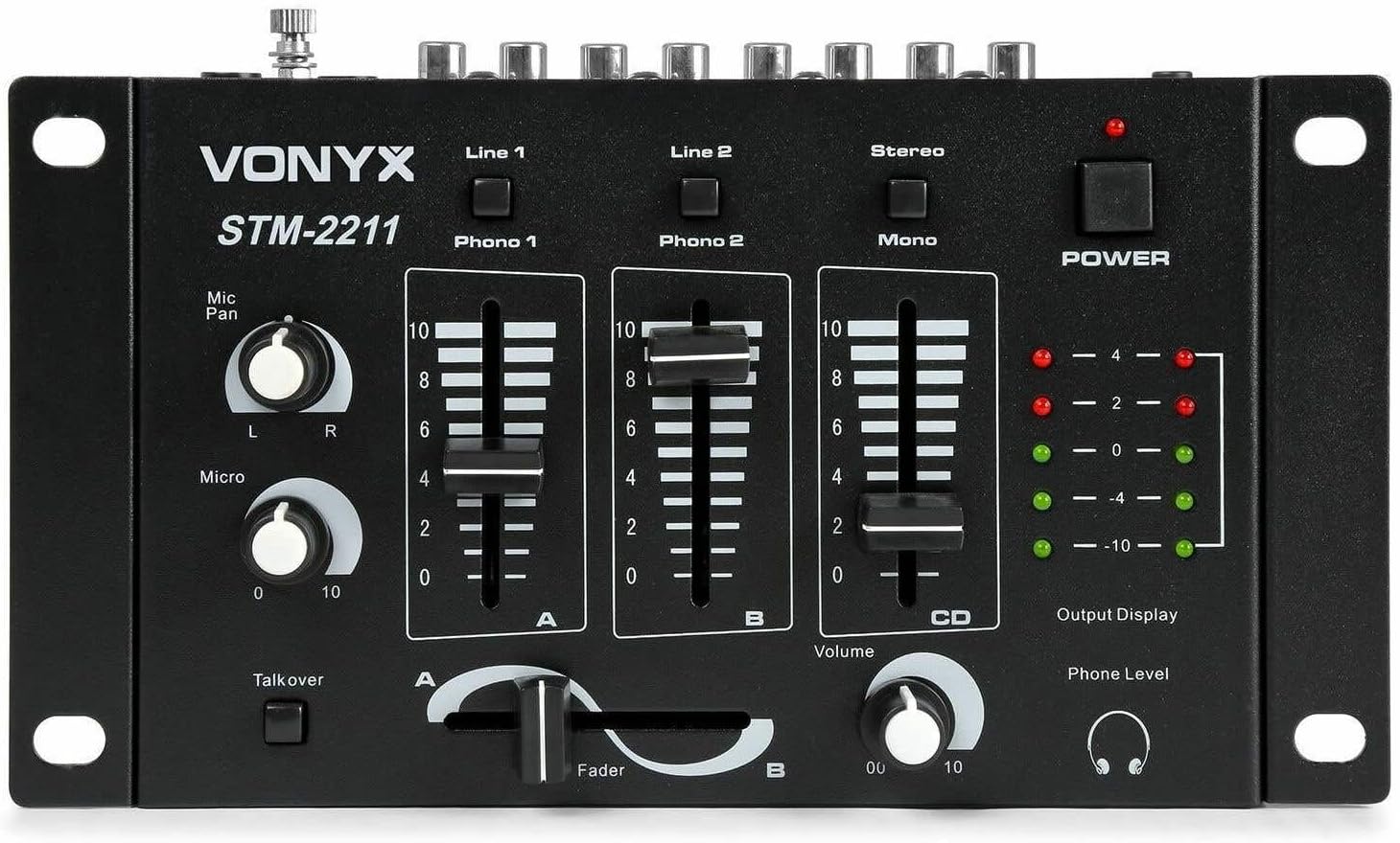 Vonyx STM-2211B Table de Mixage 4 Canaux - 3 Canaux Mono/Stéréo Commutables, 2 Canaux Phono/Ligne Commutables, 2 Entrées Micro avec Fonction Talkover, Sortie Casque, Idéal pour DJ Mobile