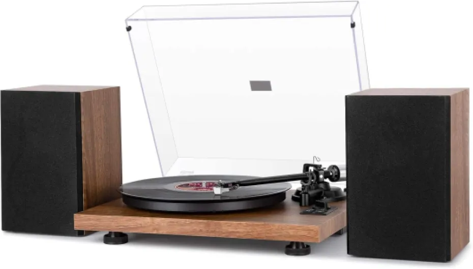 Platines Vinyles Tourne Disque Wireless avec Système Hi-FI Intégré et Enceintes d'Etagère 36 Watts, Vynile avec Cartouche Magnétique Basique