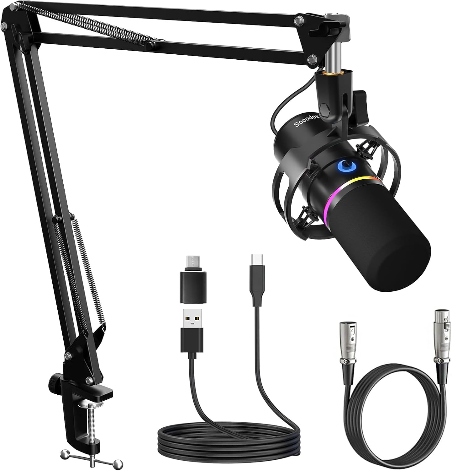 Socodox Kit de Microphone Dynamique XLR/USB, Microphone PC pour Streaming, podcasting, Jeux, RGB, Fonction de sourdine et d'annulation du Bruit, contrôle du Volume, Prise Casque Mic with Boom Arm