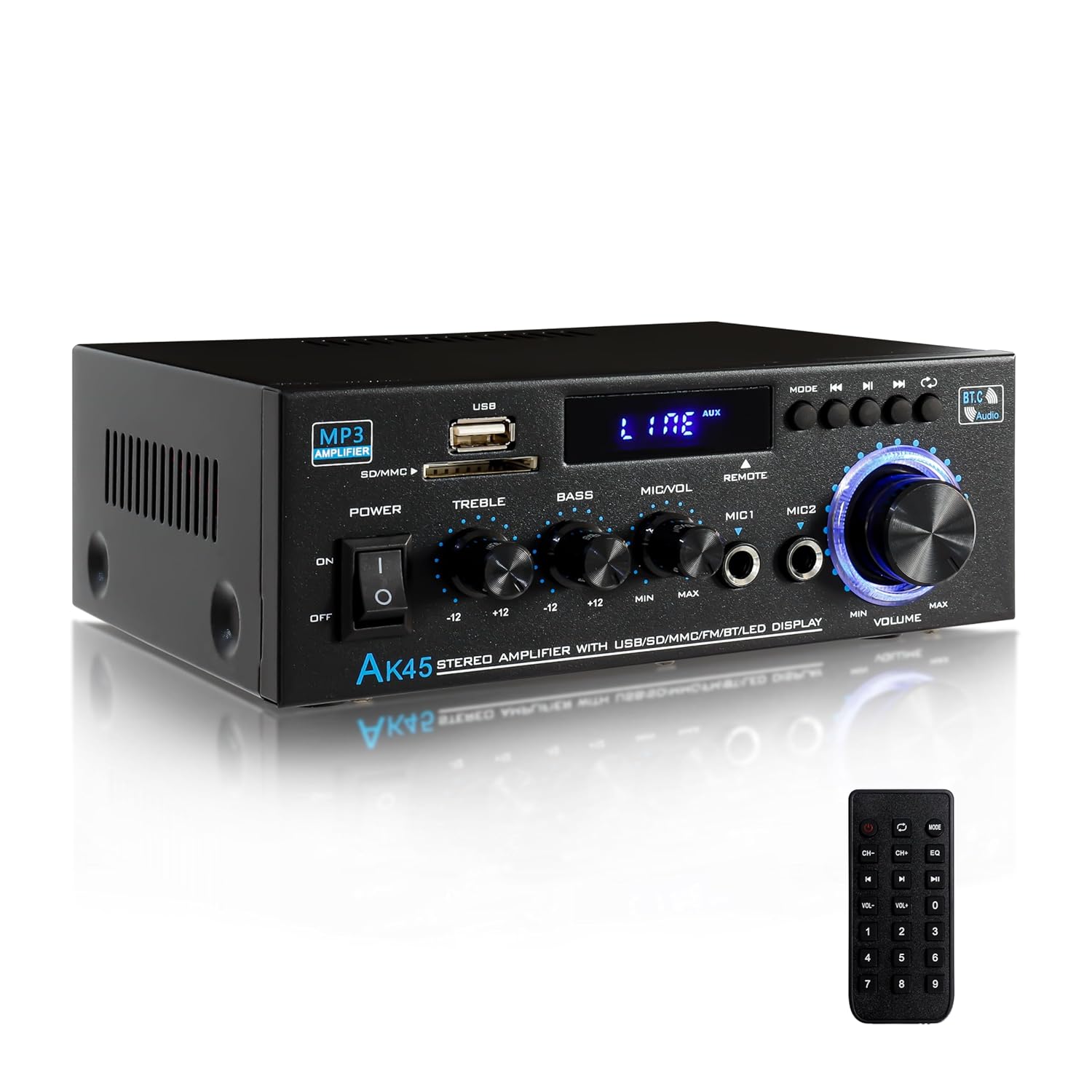 HiFi Bluetooth Amplificateur AK45, Amplificateur Stéréo Bluetooth 5.0,400W*2 2 Canaux,Haute Fidélité, Radio FM Portable, Entrée Carte SD/USB, pour Maison ou Voiture (AK45)