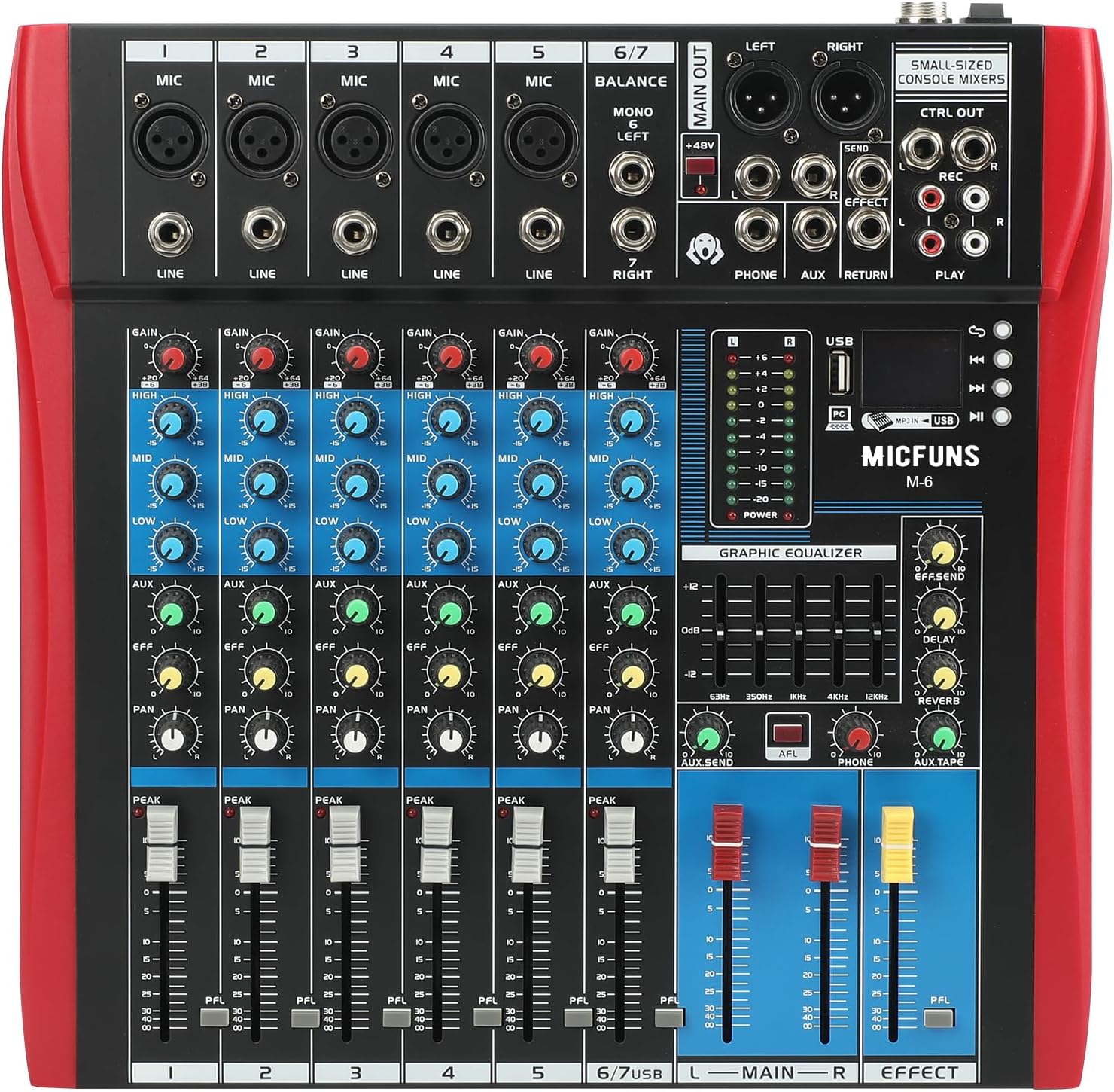 Micfuns, M6, console de mixage professionnelle, audio, DJ, console à barre de son avec USB/MP3/Bluetooth, scène, en direct, table de mixage intégrée, effet numérique, musique, mixeur, 7 canaux, + 48 V