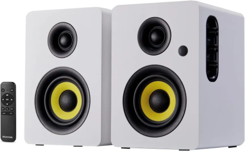 SW206 Enceintes Bibliothèque HiFi 4" avec Mode Studio, Actives 80W, Bluetooth 5.4/Optique/Coaxial/TRS/Aux/DAC USB 24bit, pour Tourne-Disque TV PC Bureau, Caisson MDF, Télécommande, Blanc SW206 Blanc 4"