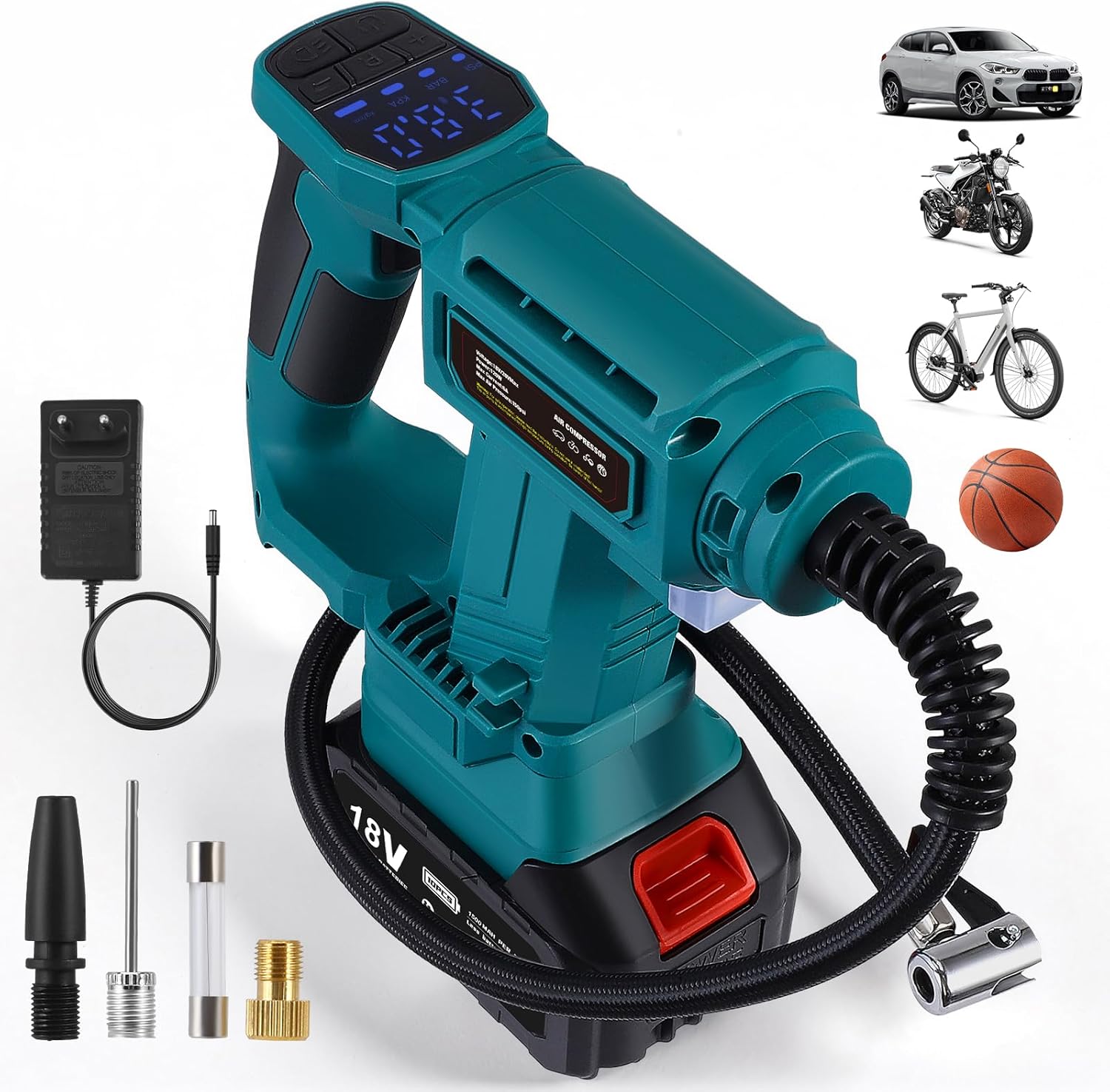 Yapasopu Compresseur d'air 150psi 28L/min Pompe de pneu portable avec un gonfleur de pneu de batterie de 18V 3000mAh avec 3 adaptateurs pour les véhicules, motos, vélos, balles, anneaux de natation