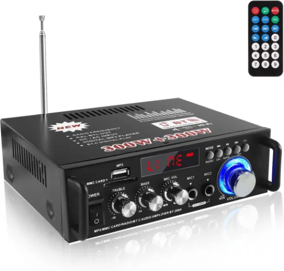 Amplificateur Audio, Amplificateur HiFi, Amplificateur Stéréo Bluetooth 5.0, 12V 220V 600W 2 Canaux,Haute Fidélité, Radio FM Portable, Entrée Carte SD/USB, pour Maison ou Voiture 298A(2CH 300W*2)