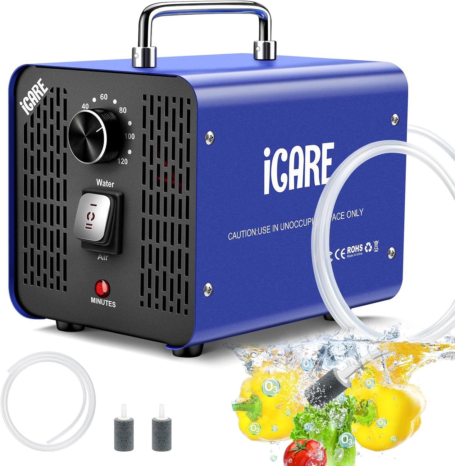 Générateur d'Ozone pour Eau et Air, 45000mg/h Purificateur d'Air à l'Ozone Éliminateur D'Odeurs avec Minuteur pour Salle de Bain, Cuisine, Animaux Domestiques, Voitures, Fumée, Eau, Fruits, Légumes Bleu Foncé