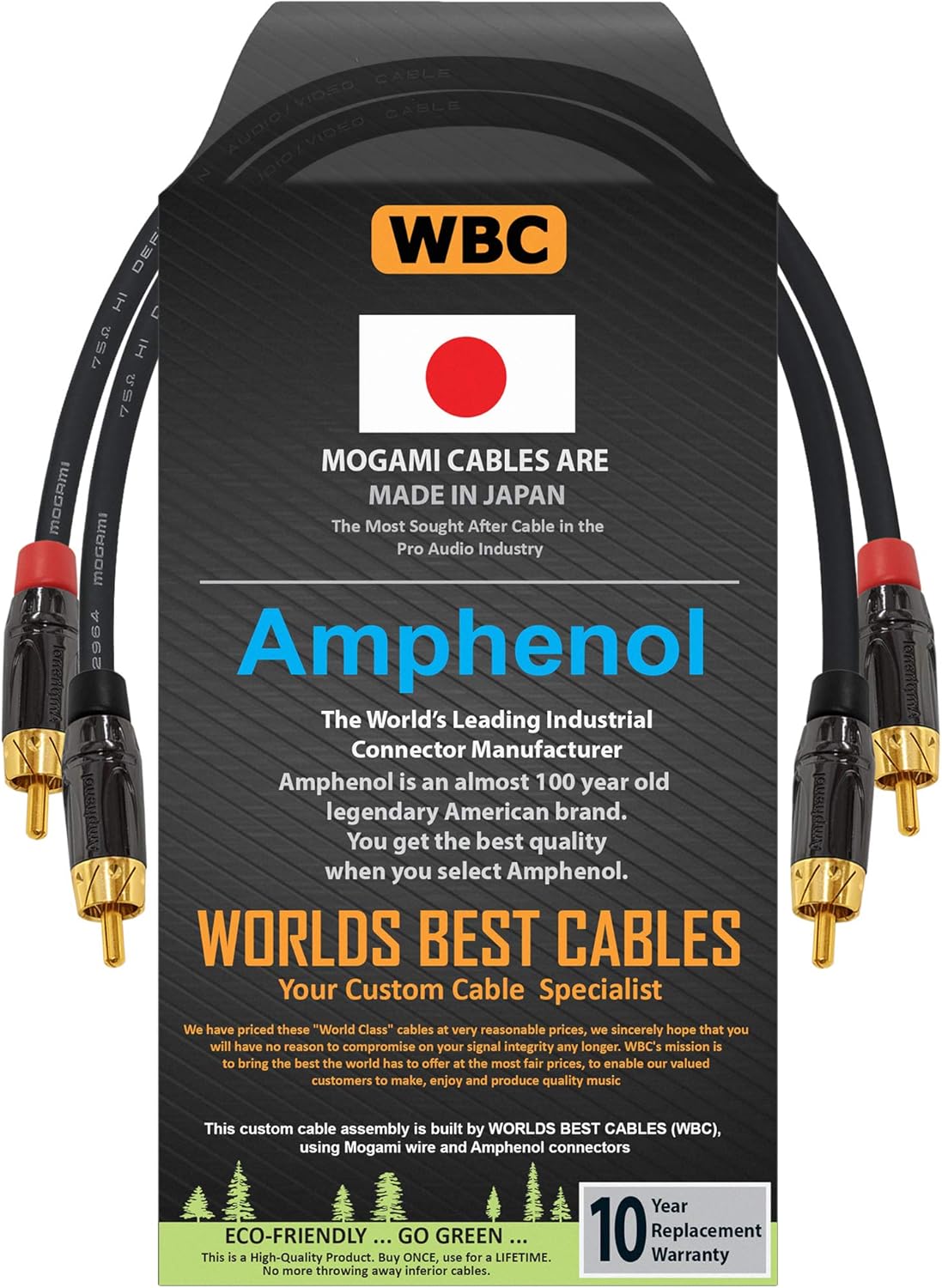 Paire de câbles RCA 0,5 m – Fabriqué avec un câble d'interconnexion audio haute définition Mogami 2964 et Amphenol ACPL noir chromé, connecteurs RCA plaqués or (2 câbles pour canaux gauche et droit).