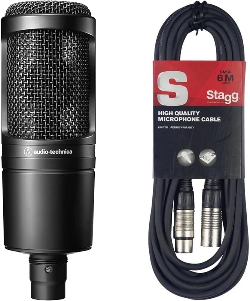 Audio-Technica AT2020 Microphone cardioïde à électret pour la Voix Off, podcasting, Streaming et l'enregistrement & Stagg Câble Microphone de Haute qualité XLR vers Prise XLR, 6 m, Noir