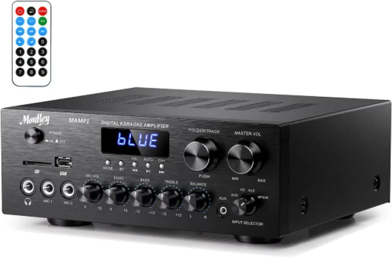 Amplificateur Audio 2 Canaux, Moukey 220W Amplificateur Stéréo Bluetooth 5.0, Amplificateur HiFi, Récepteur Audio Stéréo avec USB, SD, AUX, RCA, MIC in Echo, Radio, LED, pour Maison, MAMP1