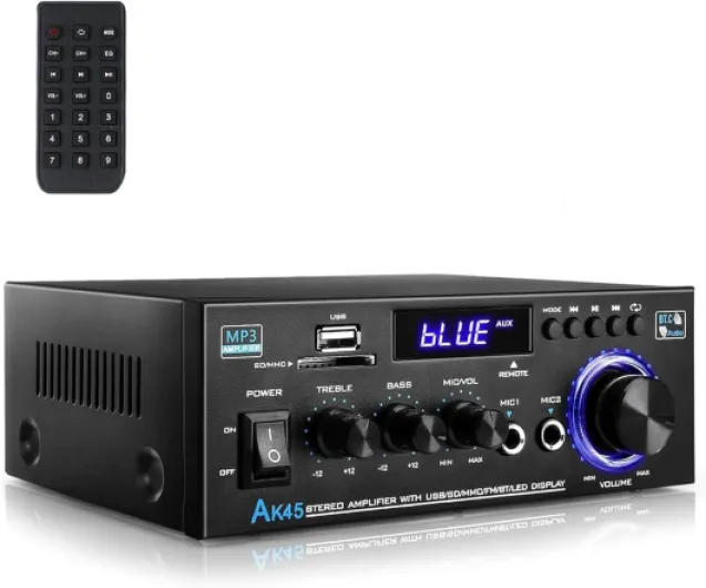 Romicta Amplificateur Audio, Amplificateur HiFi, Amplificateur stéréo 600W 2 Canaux, Bluetooth 5.0, 12V 220V, LCD, Hi-FI, Radio FM Portable, entrée SD Card/USB, pour la Maison ou la Voiture AK45