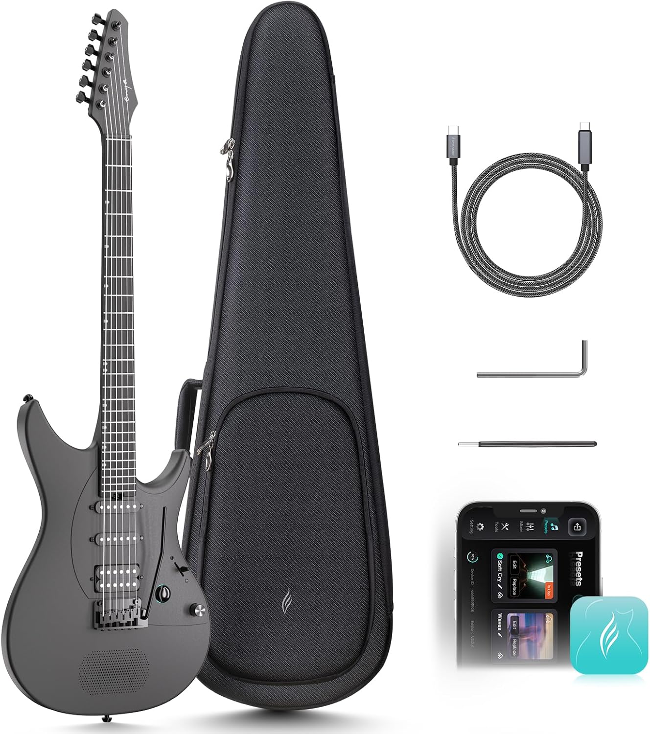 Inspire Guitare électrique intelligente en fibre de carbone avec haut-parleur sans fil 15 W, 20 sons différents, préréglages intégrés, câble de charge, clé de réglage et étui de guitare Inspire Noir