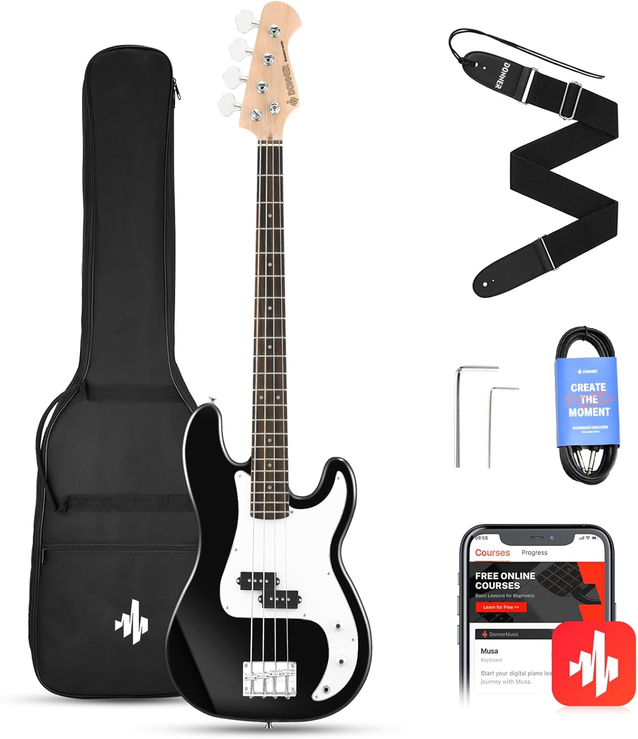 Guitare Basse Electrique 4 cordes Basse Électrique Pack pleine grandeur avec sac, sangle de guitare et câble de guitare (Noir, DPB-510D) Black
