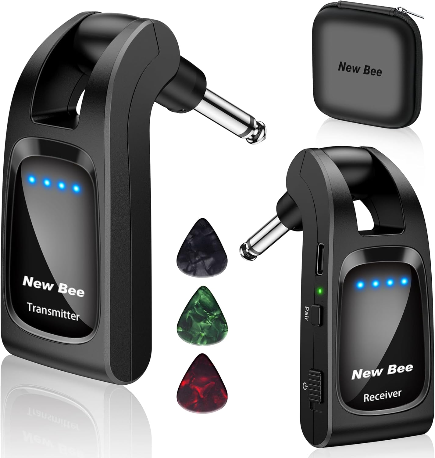 Système de Guitare Sans Fil,New Bee 2.4GHz avec 6 Canaux émetteur Récepteur de Guitare Sans Fil Rechargeable pour Guitares, Basse et Instruments électriques(Nior) Noir