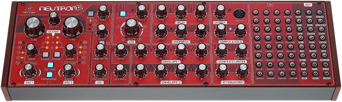 Neutron Synthétiseur de Bureau Semi-Modulaire et Analogique paraphonique avec 2 Vco Cem3340, Vcf Multimode, 2 Enveloppes Adsr, Delay Bbd et Circuit Overdrive au Format Eurorack