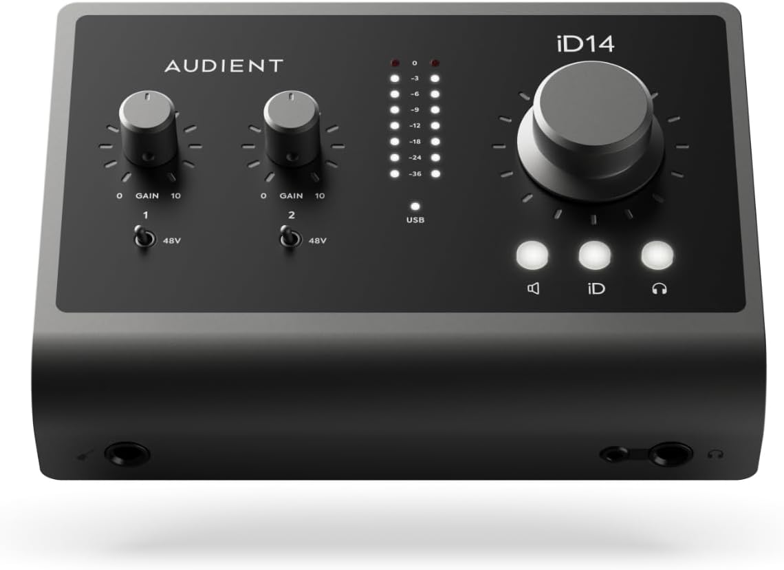 Audient Audiointerface iD14 MKII, 2 préamplis micro de classe A (interface audio USB haute performance, connecteur USB-C, fonction Monitor Mix et Monitor Panning, 2 sorties casque), Noir Unique