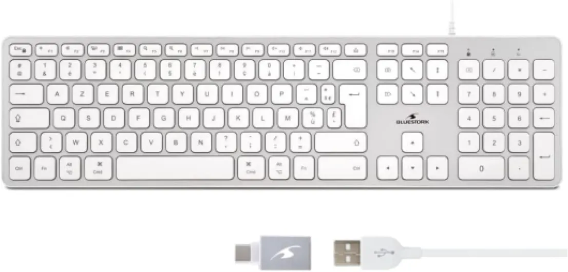 Clavier Français AZERTY Filaire pour Mac - Touches Concaves et Silencieuses, 13 Raccourcis Multimédia, Adaptateur USB/USB-C Clavier etendue mac