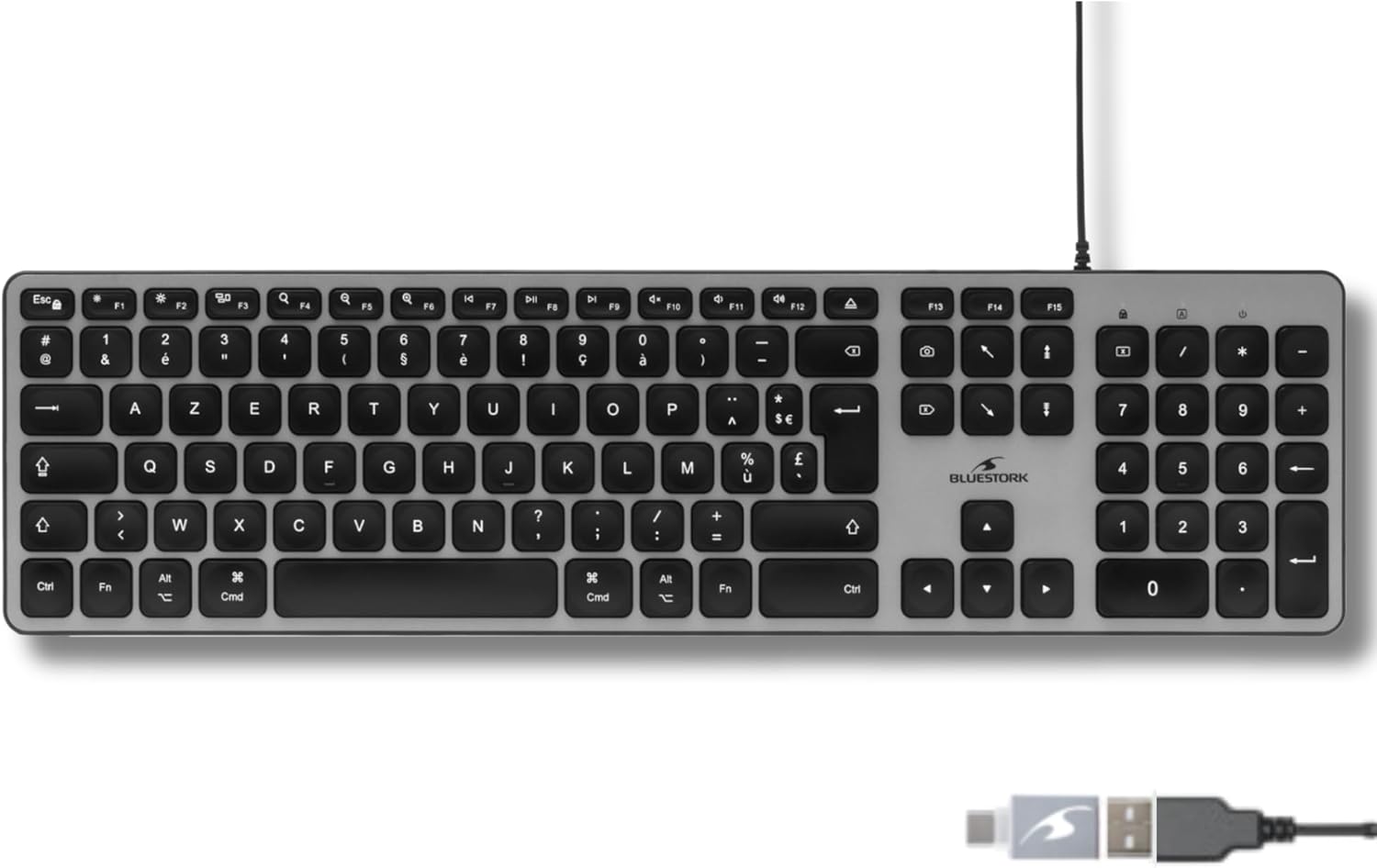 Clavier Français AZERTY Filaire pour Mac - Touches Concaves et Silencieuses, 13 Raccourcis Multimédia, Adaptateur USB/USB-C - Clavier pour Mac et Ipad - Noir Clavier mac filaire