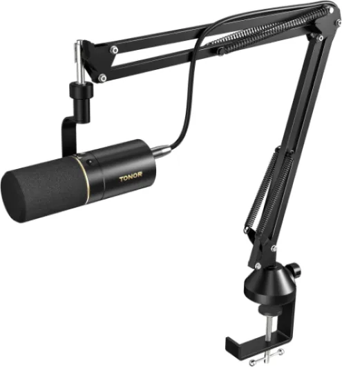 Micro Cardioïde Dynamique USB/XLR avec Bras de Support pour PC, Microphone de Studio pour Podcasting, Gaming, Streaming, Enregistrement Vocal avec Prise Casque 3,5 mm, Bouton Mute,TD510+ Micro avec Bras Noir