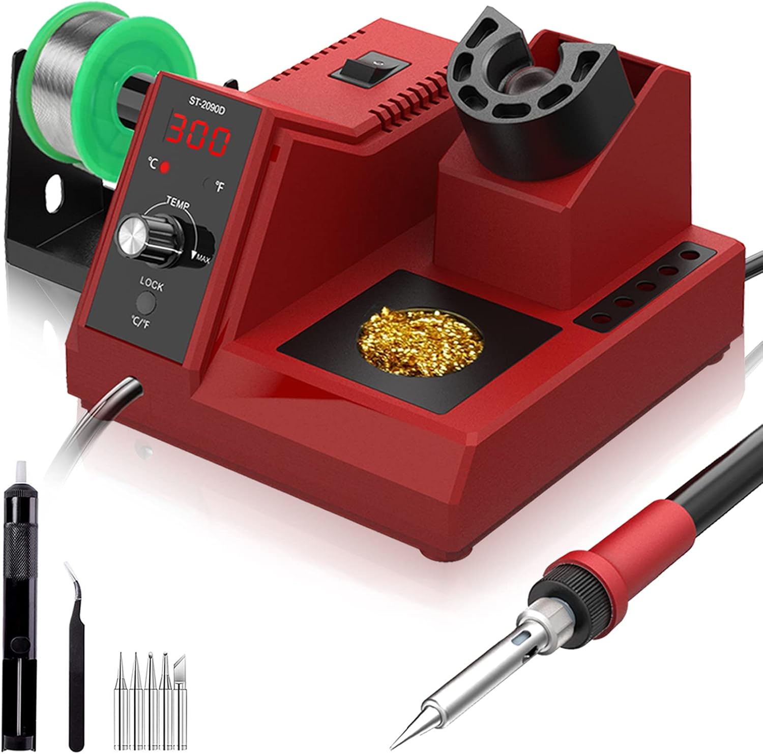 Station de Soudage, LYLIN 80W Station de Souder Professionnel 80-480°C Température Réglable Fer a Souder Electronique de Precision avec Affichage LED, Fonction de Sommeil (2090D-Rouge)
