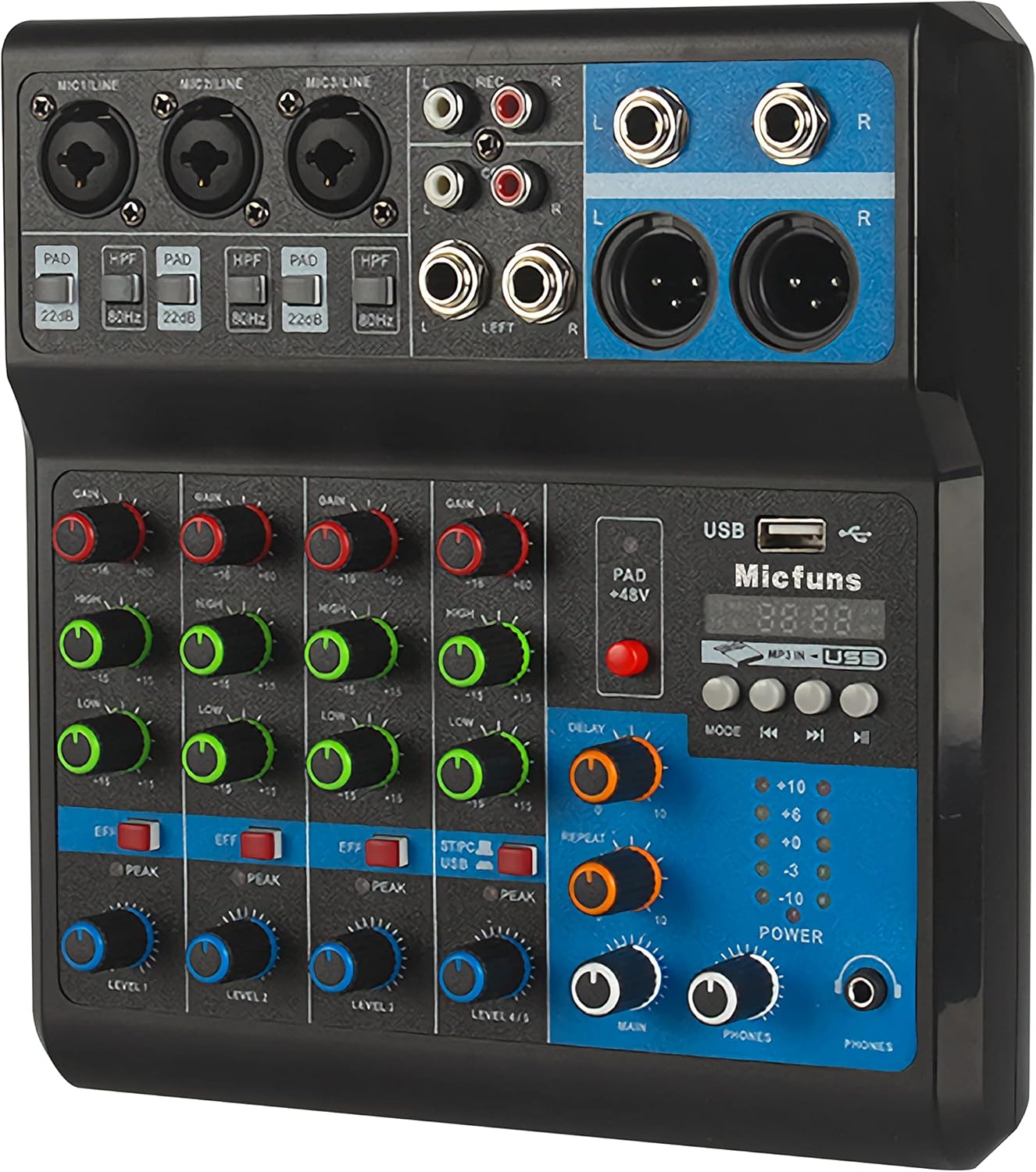 Micfuns Mini console de mixage audio DJ, 5 canaux 48 V alimentation fantôme avec Bluetooth USB MP3 stéréo DJ Studio Streaming pour enregistrement professionnel de la scène KTV, (M-5)