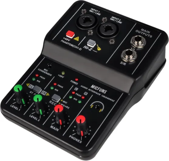 Mini console de mixage audio DJ à 2 canaux avec alimentation fantôme 48 V Combo Jack Microphone/guitare XLR + 6,35 mm, stéréo 3,5 mm, prise casque pour spectacle en direct en studio